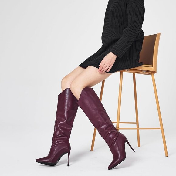 Women’s Knee High Boots, Pointed Toe, 4” Stiletto Heel, Wide Calf Slip-on Bootie - Picture 7 of 9